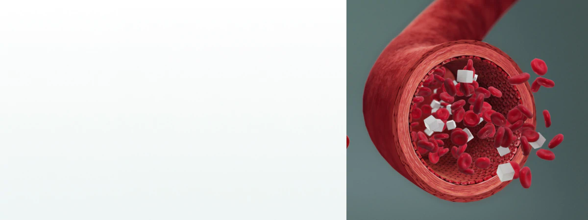 A medical illustration of blood vessels with red blood cells and sugar particles, highlighting the effects of supplements for blood sugar control.