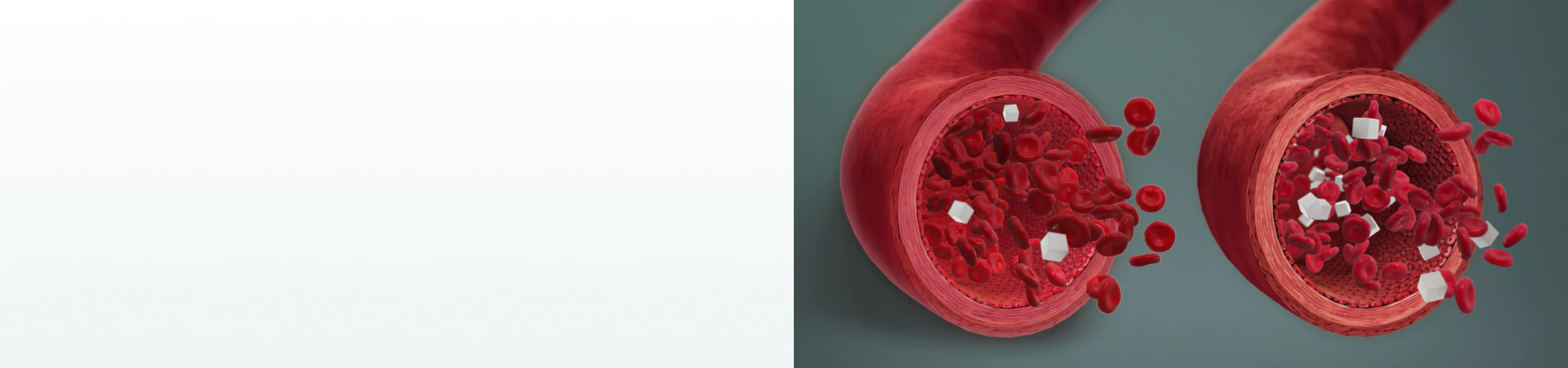 A medical illustration of blood vessels with red blood cells and sugar particles, highlighting the effects of supplements for blood sugar control.