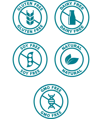 Gluten free, dairy free, soy free, natural, GMO free