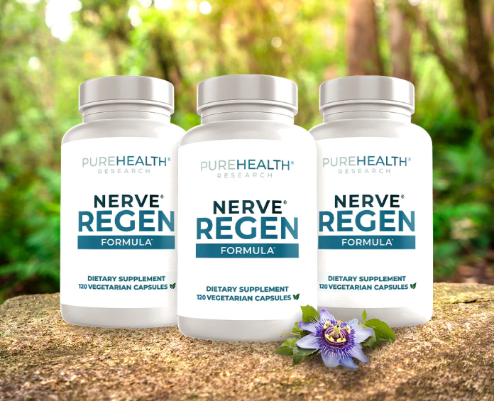 Three bottles of PureHealth Research Nerve Regen Formula placed outdoors, showcasing the best supplements for nervous system health.
