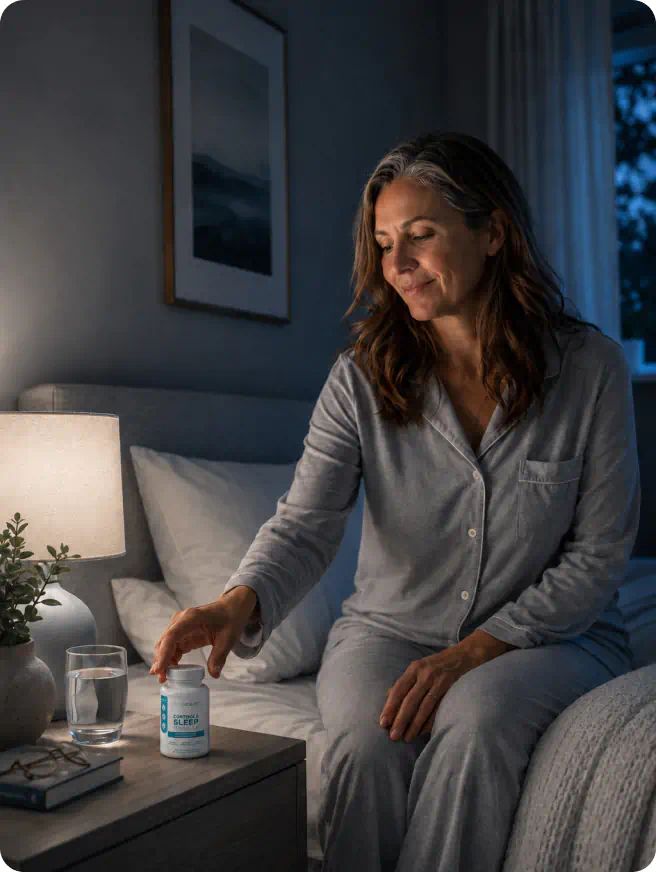 Woman placing Cortisol & Sleep Formula on her nightstand before bed