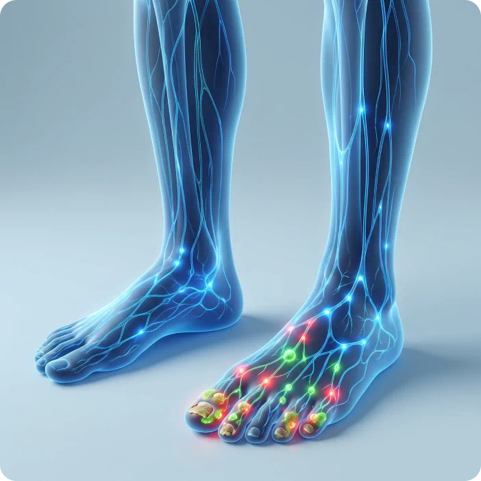Illustration of feet showing toenail fungus and the body's lymphatic response